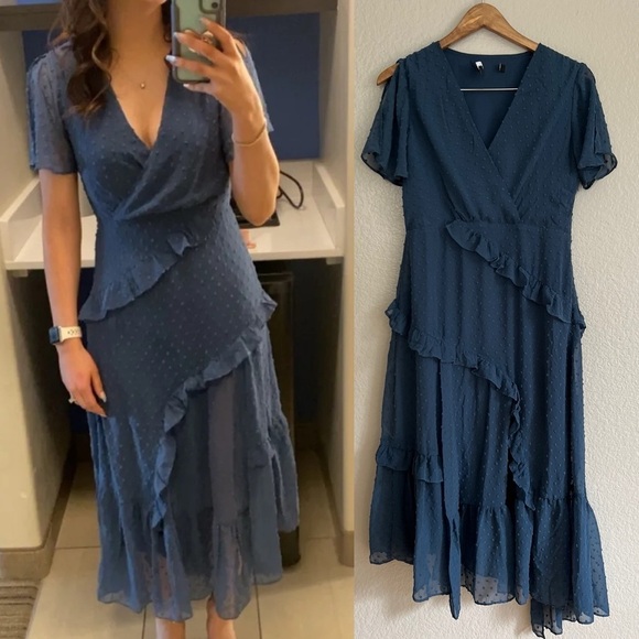 NWOT Next to You Slate Blue Swiss Dot Ruffled Midi Dress - Picture 1 of 9